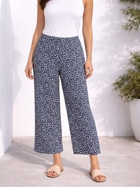 J. Jill Wearever Pull On Wide Leg Cropped Pant Navy White Floral Large‎ Pockets
